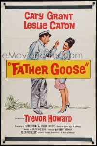 9y294 FATHER GOOSE 1sh '65 art of sea captain Cary Grant yelling at pretty Leslie Caron!