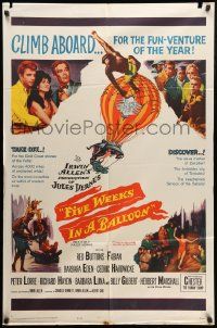 9y313 FIVE WEEKS IN A BALLOON 1sh '62 Jules Verne, Red Buttons, Fabian, Barbara Eden, climb aboard