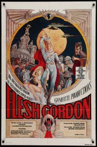 9y318 FLESH GORDON 1sh '74 sexy sci-fi spoof, wacky erotic super hero art by George Barr!