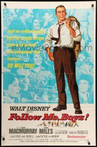9y322 FOLLOW ME BOYS 1sh '66 Fred MacMurray leads Boy Scouts, young Kurt Russell, Walt Disney!
