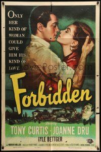 9y328 FORBIDDEN 1sh '54 only Joanne Dru could give Tony Curtis his kind of love!