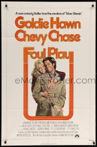 9y332 FOUL PLAY 1sh '78 wacky Lettick art of Goldie Hawn & Chevy Chase, screwball comedy!