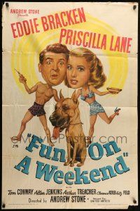 9y341 FUN ON A WEEKEND 1sh '47 wacky art of Eddie Bracken, Priscilla Lane, & Great Dane!