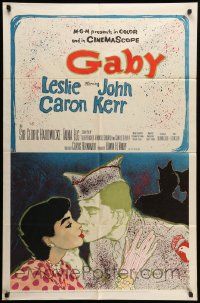 9y346 GABY 1sh '56 wonderful close up art of soldier John Kerr kissing Leslie Caron!