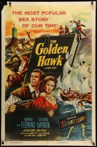9y361 GOLDEN HAWK 1sh '52 art of pretty Rhonda Fleming & swashbuckling Sterling Hayden!
