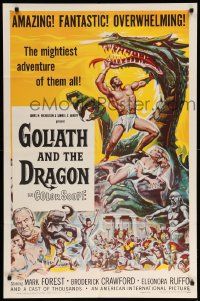 9y362 GOLIATH & THE DRAGON 1sh '60 cool fantasy art of Mark Forest battling the giant beast!