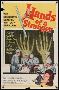 9y376 HANDS OF A STRANGER 1sh '62 cool hand transplant surgery & X-ray image!
