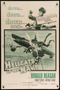 9y387 HELLCATS OF THE NAVY 1sh '57 art of Ronald Reagan in the only movie he made with Nancy!
