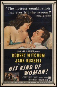 9y398 HIS KIND OF WOMAN 1sh '51 Robert Mitchum, sexy Jane Russell, Howard Hughes, Zamparelli art!
