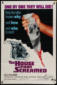9y415 HOUSE THAT SCREAMED 1sh '71 La Residencia, horror art of hand holding bloody mirror shard!