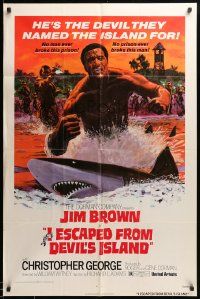 9y424 I ESCAPED FROM DEVIL'S ISLAND 1sh '73 cool art of Jim Brown swimming w/sharks!