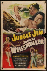 9y465 JUNGLE JIM 1sh '48 Johnny Weissmuller tries to save Virginia Grey from alligator!