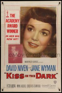 9y476 KISS IN THE DARK 1sh '49 close up headshot of Jane Wyman + kissing David Niven!