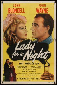 9y479 LADY FOR A NIGHT 1sh R50 headshots of John Wayne, Joan Blondell + riverboat!