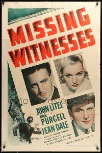 9y567 MISSING WITNESSES 1sh '37 William Clemens, close-ups of John Litel, Dick Purcell, Jean Dale!