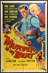 9y589 MURDER IS MY BEAT 1sh '55 Edgar Ulmer film noir, Barbara Payton, cool speeding train art!