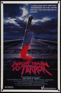 9y622 NIGHT TRAIN TO TERROR 1sh '84 wacky art of monster by train going into jaws to Hell!