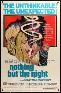 9y627 NOTHING BUT THE NIGHT 1sh '75 Christopher Lee, really wild art of girl's split head!