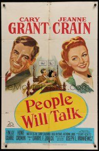9y655 PEOPLE WILL TALK 1sh '51 great artwork of Cary Grant & pretty Jeanne Crain!