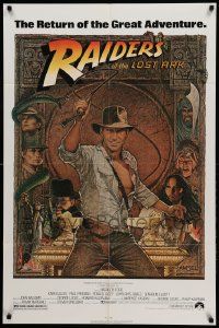 9y690 RAIDERS OF THE LOST ARK 1sh R82 great art of adventurer Harrison Ford by Richard Amsel!