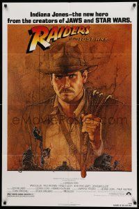 9y689 RAIDERS OF THE LOST ARK 1sh '81 great art of adventurer Harrison Ford by Richard Amsel!