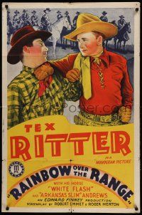 9y691 RAINBOW OVER THE RANGE 1sh '40 stone litho of Tex Ritter getting tough with bad guy!