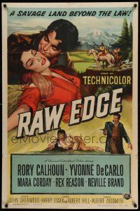 9y695 RAW EDGE 1sh '56 artwork of cowboy Rory Calhoun & sexy Yvonne De Carlo!