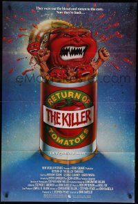 9y708 RETURN OF THE KILLER TOMATOES 1sh '88 great art of tomatoes bursting from can by Darrow!