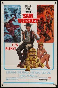 9y726 SAM WHISKEY 1sh '69 Allison art of Burt Reynolds & sexy Angie Dickinson by huge pile of gold