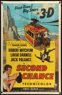 9y746 SECOND CHANCE 3D 1sh '53 cool art of Robert Mitchum, sexy Linda Darnell & cable car!