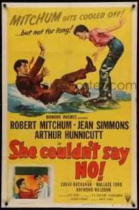 9y769 SHE COULDN'T SAY NO 1sh '54 sexy short-haired Jean Simmons, Dr. Robert Mitchum!