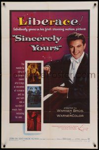 9y781 SINCERELY YOURS 1sh '55 famous pianist Liberace brings a crescendo of love to empty lives!