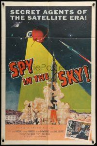9y806 SPY IN THE SKY 1sh '58 secret agents of the satellite era, cool rocket launch art!