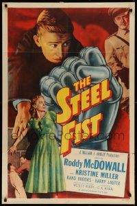 9y818 STEEL FIST 1sh '52 Roddy McDowall, Kristine Miller, cool art of giant metal hand!