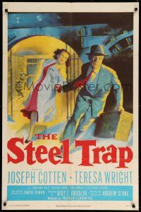 9y819 STEEL TRAP 1sh '52 art of Joseph Cotton & Teresa Wright stealing a million dollars!