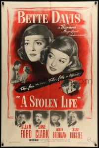 9y826 STOLEN LIFE 1sh '46 Bette Davis as identical twins with different fates, Glenn Ford