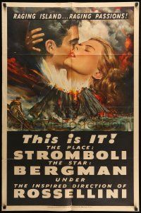 9y840 STROMBOLI 1sh '50 Ingrid Bergman, directed by Roberto Rossellini, cool volcano art!