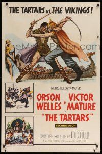 9y871 TARTARS 1sh '61 great artwork of Victor Mature battling Orson Welles!