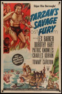 9y872 TARZAN'S SAVAGE FURY style A 1sh '52 art of Lex Barker & Dorothy Hart, Edgar Rice Burroughs