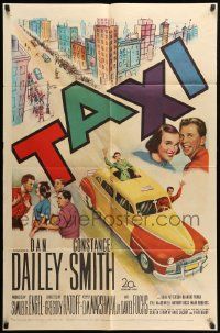 9y874 TAXI 1sh '53 artwork of Dan Dailey & Constance Smith in yellow cab in New York City!