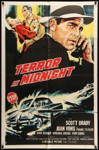 9y882 TERROR AT MIDNIGHT 1sh '56 Scott Brady, Joan Vohs, film noir, cool car crash art!