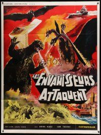 9z791 DESTROY ALL MONSTERS French 1p R70s different art with Godzilla, Ghidorah, Rodan & more!