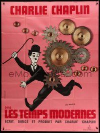 9z904 MODERN TIMES French 1p R70s Leo Kouper art of Charlie Chaplin running by giant gears!