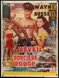 9z641 WAKE OF THE RED WITCH French 39x53 '50 art of barechested John Wayne & Gail Russell at sea!