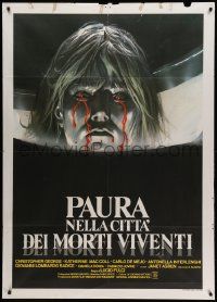 9z334 GATES OF HELL Italian 1p '83 Lucio Fulci, wild artwork of girl bleeding from her eyes!