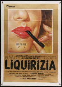 9z378 LIQUIRIZIA Italian 1p '79 super close up of sexy Barbara Bouchet's mouth with licorice!