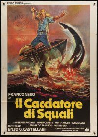 9z431 SHARK HUNTER Italian 1p '79 Enzo Sciotti art of Franco Nero about to throw spear at shark!