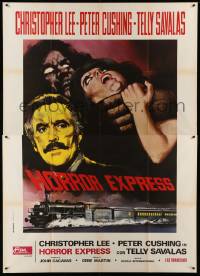 9z187 HORROR EXPRESS Italian 2p '74 different art of Christopher Lee w/ monster & girl over train!