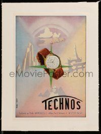 9z033 TECHNOS linen Italian magazine ad '30s art of the Swiss wristwatch w/famous landmarks!