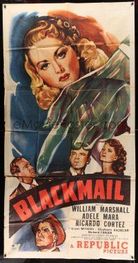 1b484 BLACKMAIL 3sh '47 cool film noir art of green hand pointing at Adele Mara!